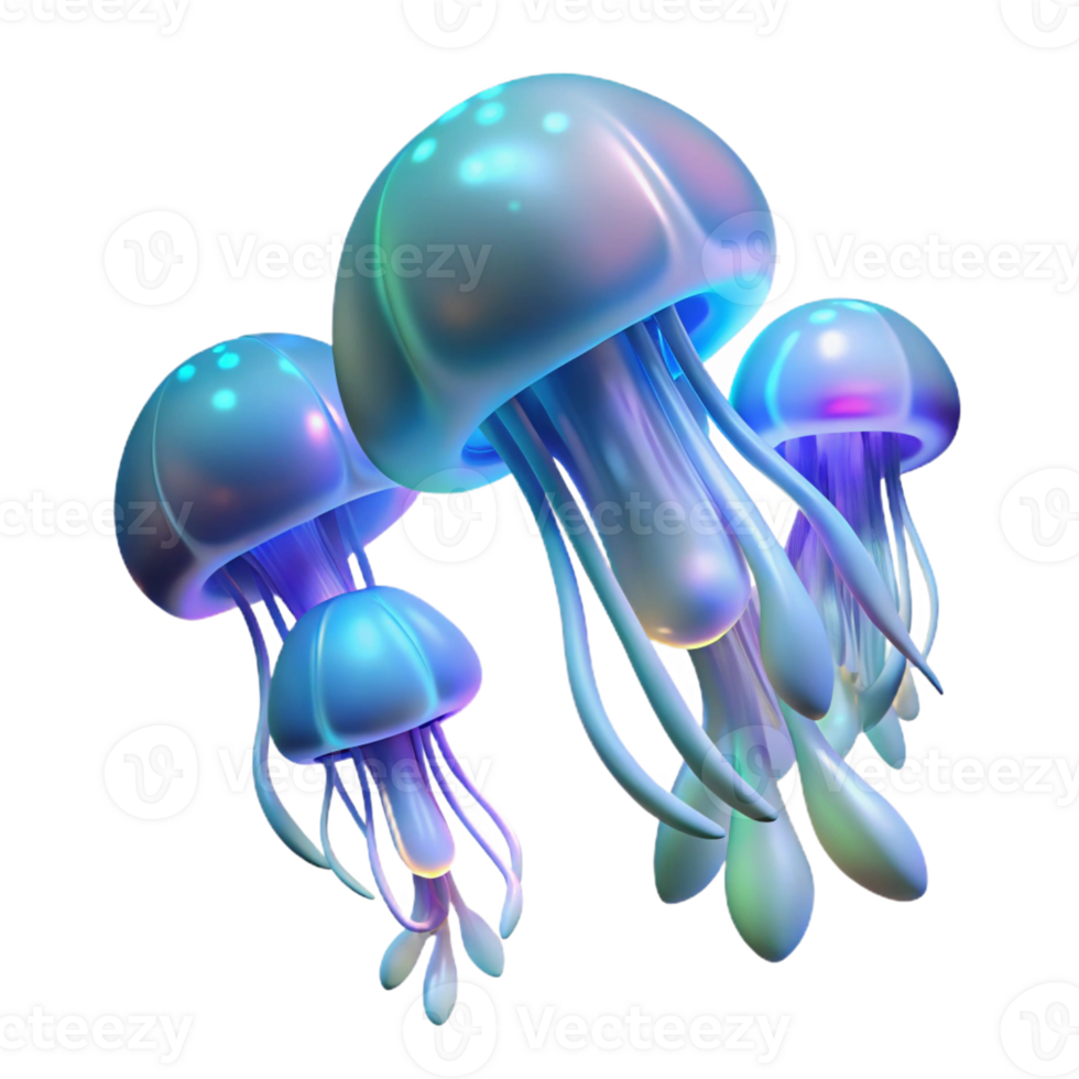 stunning modern A group of jellyfish gracefully floating in deep ocean, bioluminescent glow, ethereal digital art style detailed png