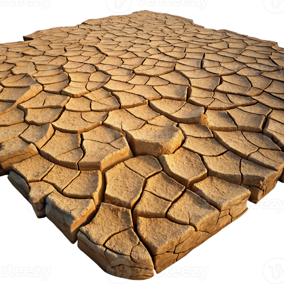 stunning classic A cracked desert floor, intricate patterns of dried mud, harsh midday sunlight, photorealistic style premium png
