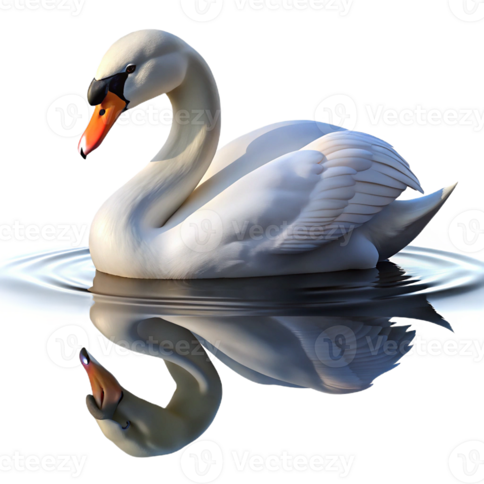 dramatic classic A graceful swan gliding across a still lake, reflection visible in the water, serene and peaceful, photorealistic render exclusive png