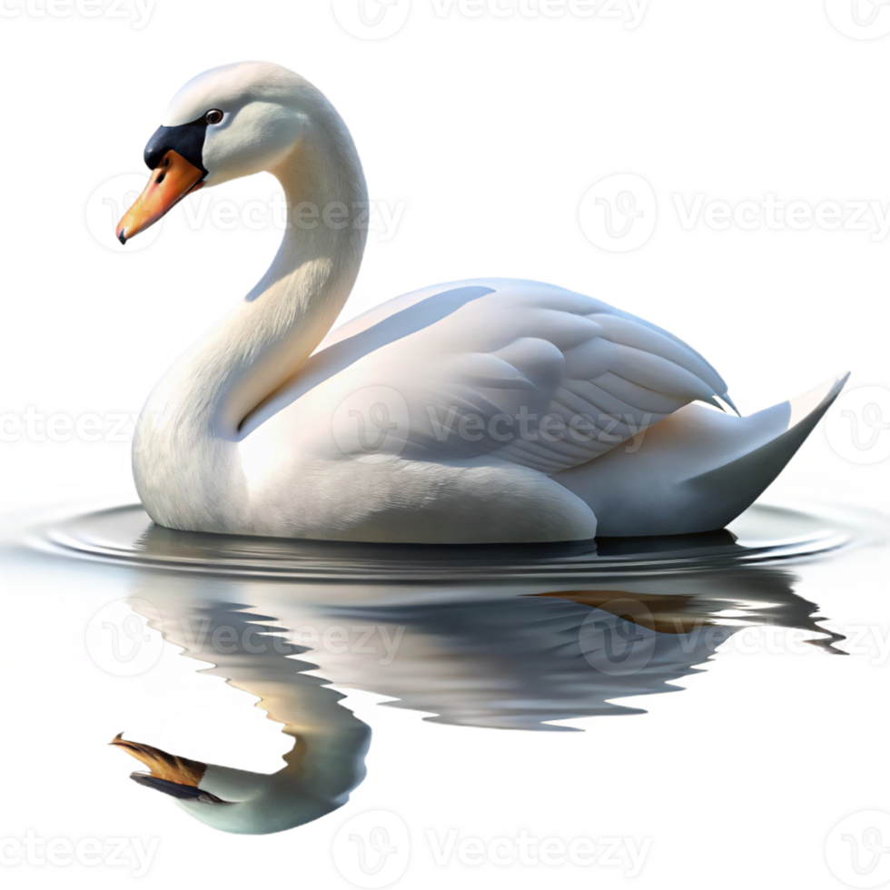 wonderful artistic A graceful swan gliding across a still lake, reflection visible in the water, serene and peaceful, photorealistic render original png