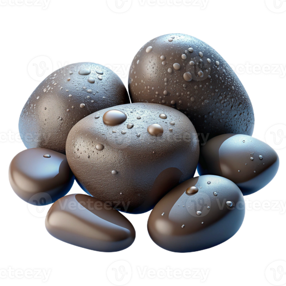 serene traditional A group of pebbles smoothed by the ocean, various shapes and sizes, wet and glistening, still life photography style authentic png
