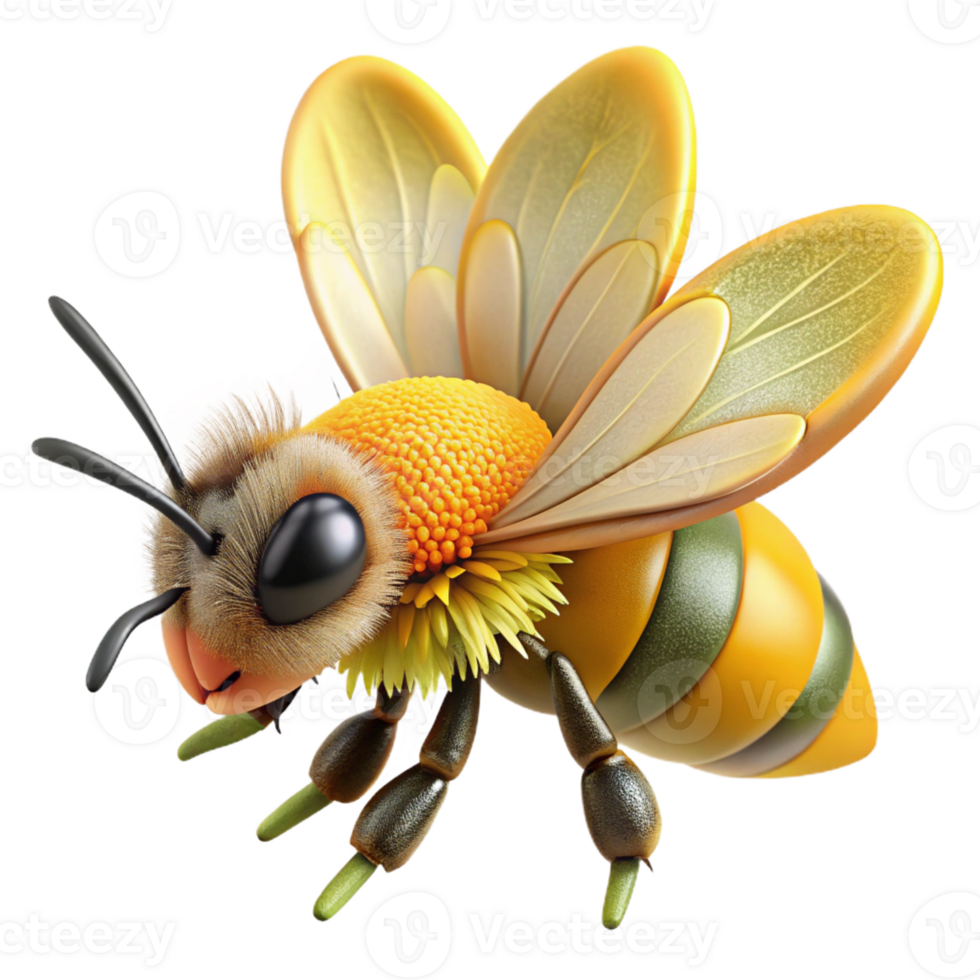 elegant creative A close-up of a bee pollinating a flower, pollen dusting the bee's legs, macro photography style professional png