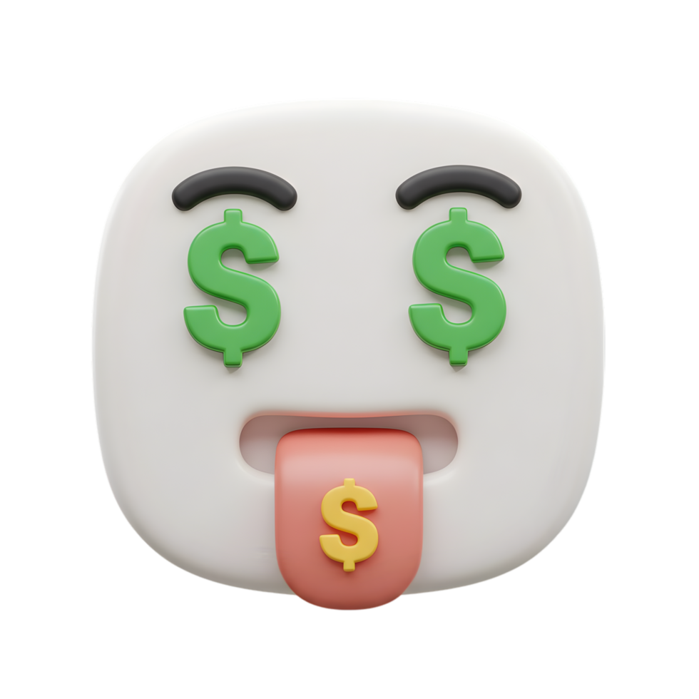 3D Render of a Cute Emoji Face Obsessed with Money, Showing Dollar Signs as Eyes and on Tongue png
