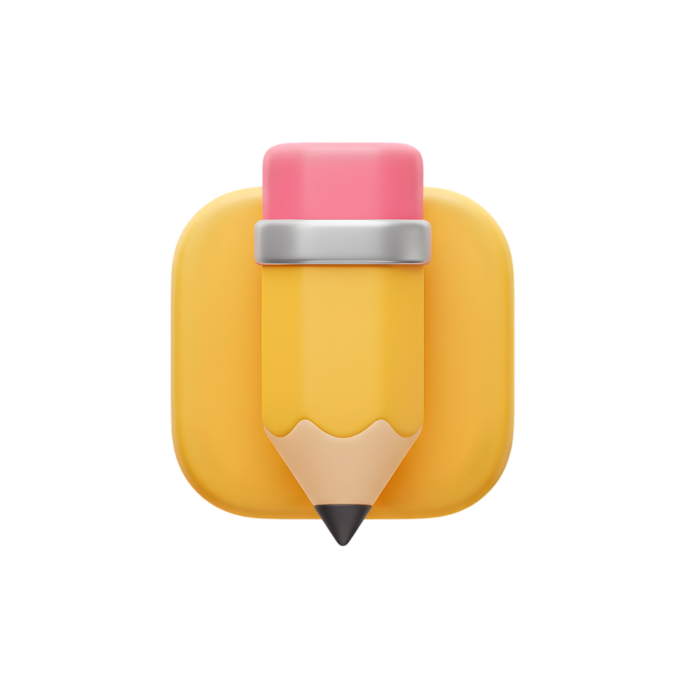 3D Render of a Yellow Pencil Icon on a Square Button for Digital Design and Creativity png