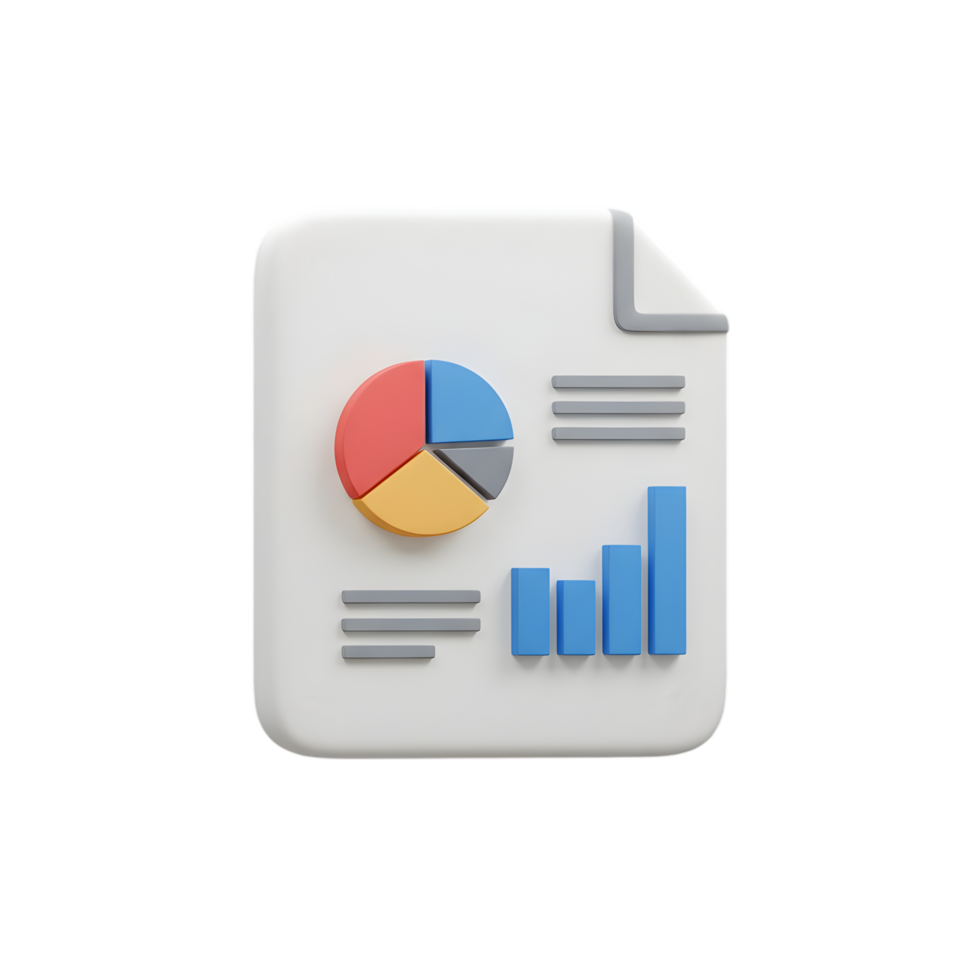 3D Render of a Document with Pie Chart and Bar Graph Data Visualization for Business Analysis and Reporting png