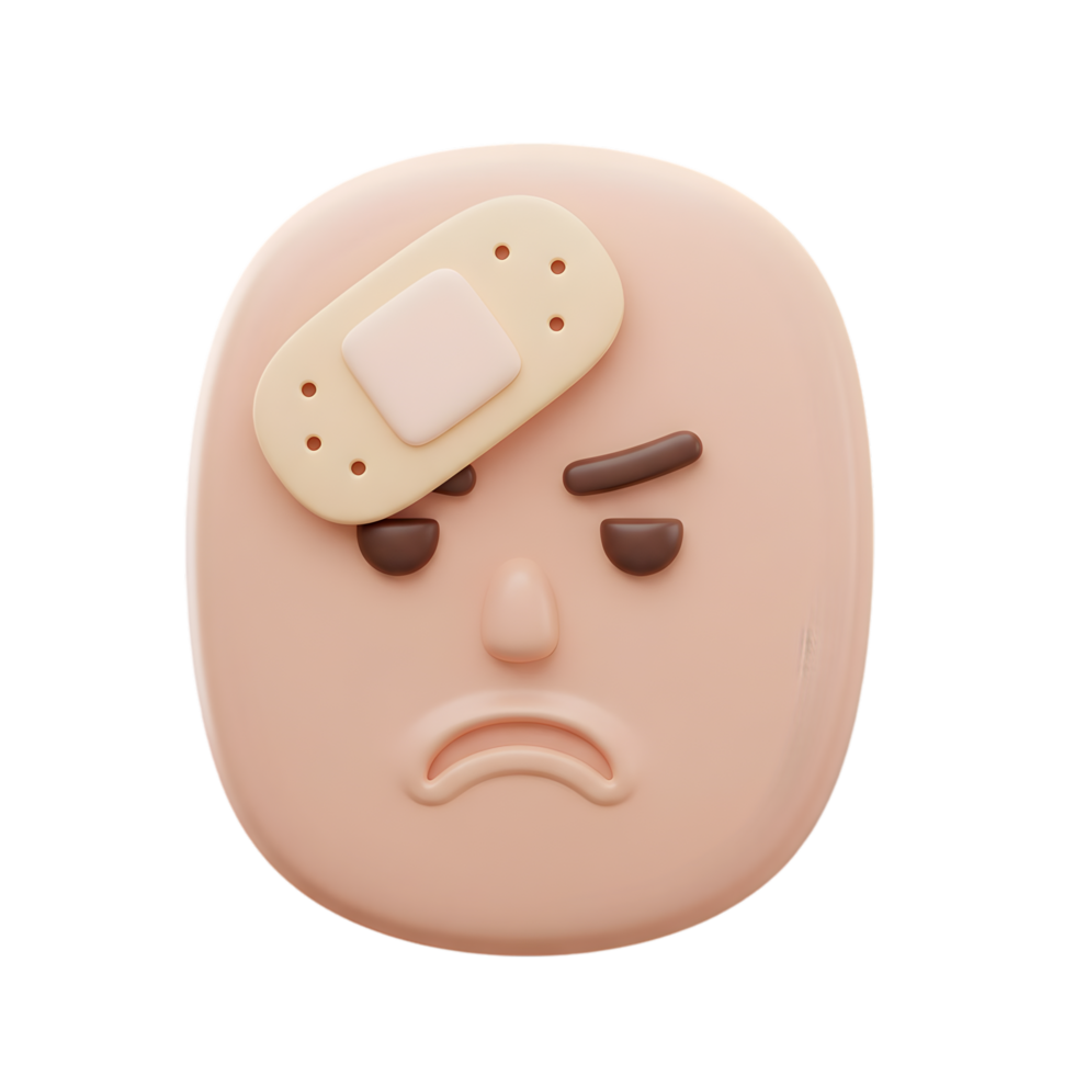 3D Render of Sad Cartoon Face with Bandage Illustrating Injury and Upset Mood png