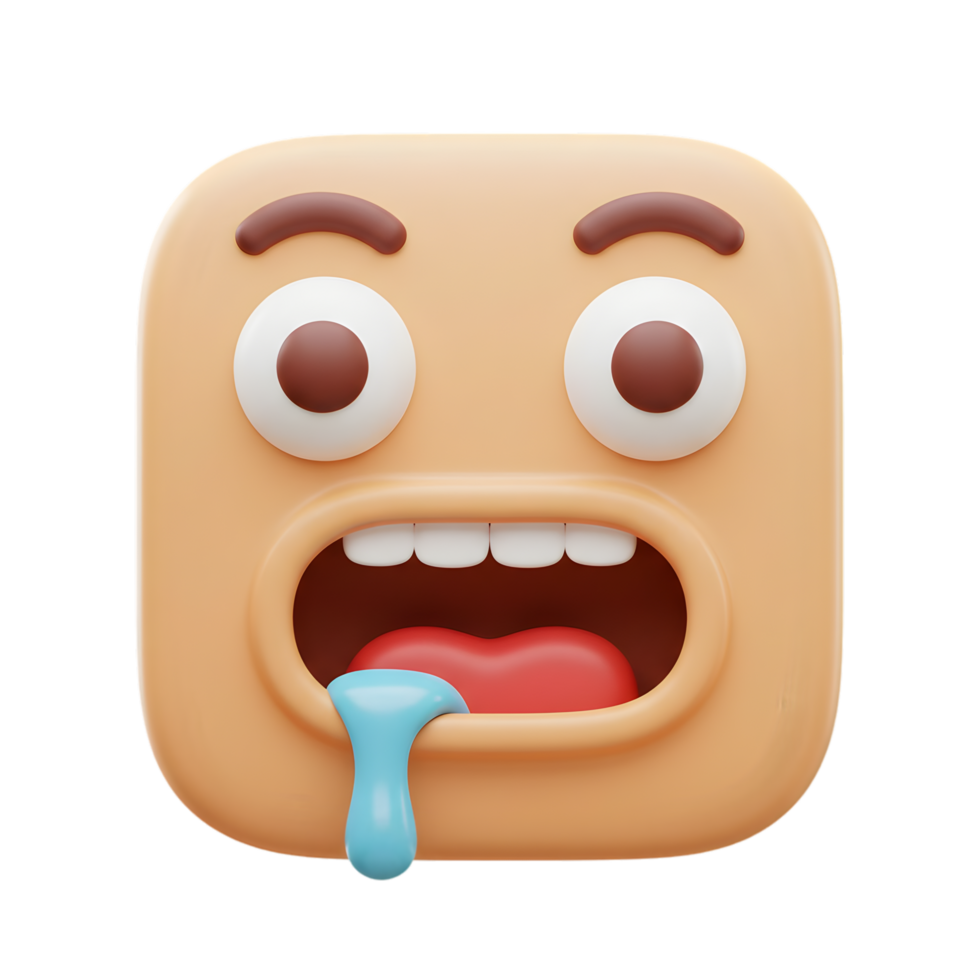 3D Render of a Square-Shaped Cartoon Face with Wide Open Mouth and Drooling, Expressing Surprise or Shock png