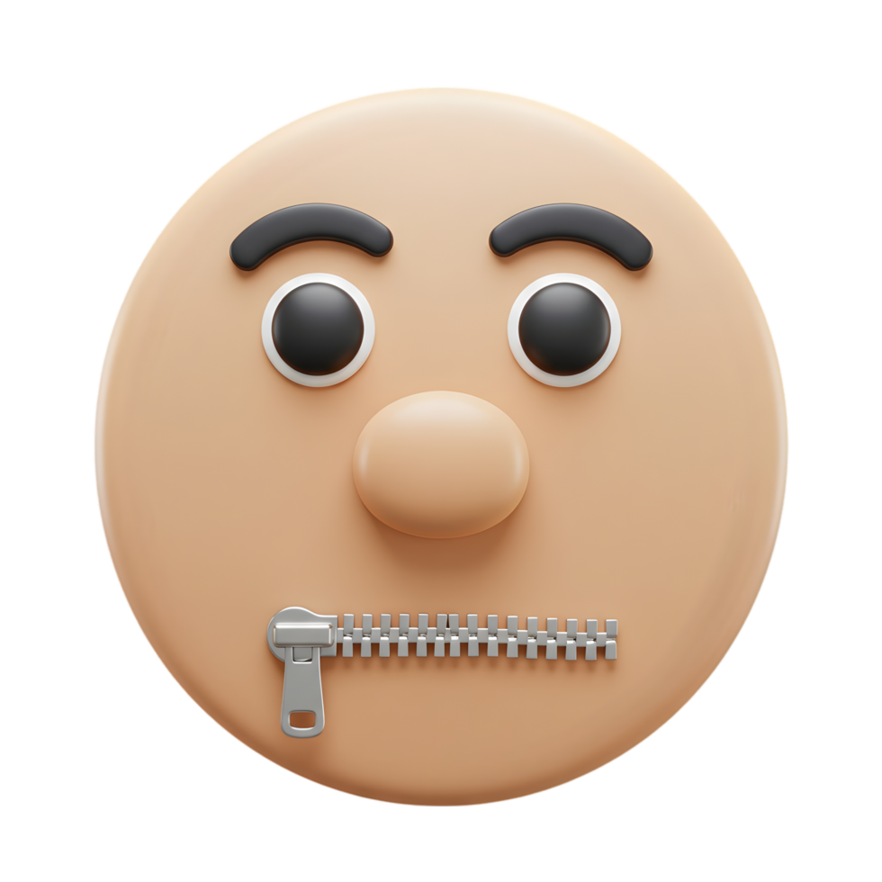 3D Render of a Silent Emoji Face with a Zipper on its Mouth, Illustrating Secrecy and Confidentiality png