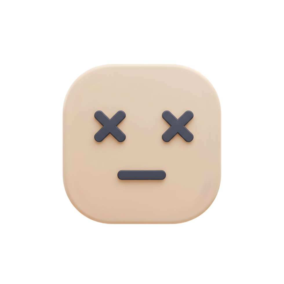 3D Render of a Beige Square Face Emoji with Eyes Crossed Out and a Straight Mouth, Exhausted Expression, Digital Art png