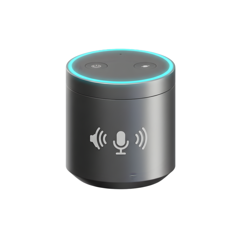 Sleek Modern Smart Speaker with Voice Control and Cyan Light Ring. A Tech Gadget for Home Automation png