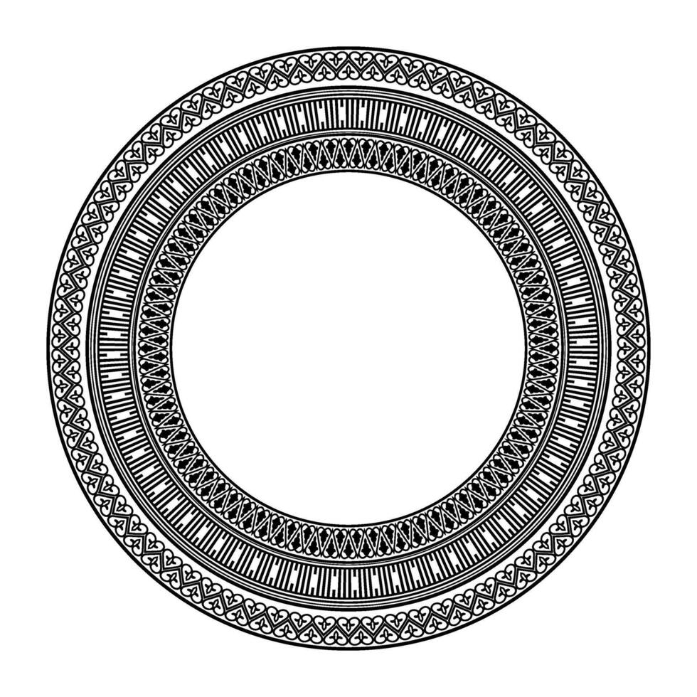 Circular ornament in ethnic style. Design with abstract pattern. Circle frame. Template for printing postcards, invitations, books, textiles, porcelain, embroidery, engraving, forging. Black and white vector