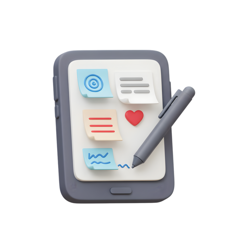 3D Render of Smartphone with Notes and Stylus. Digital Organization and Note-Taking App png