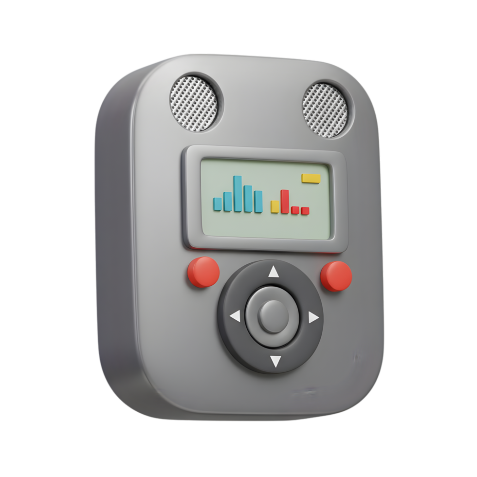 Stylish 3D Render of a Retro Voice Recorder with Digital Display and Control Buttons png
