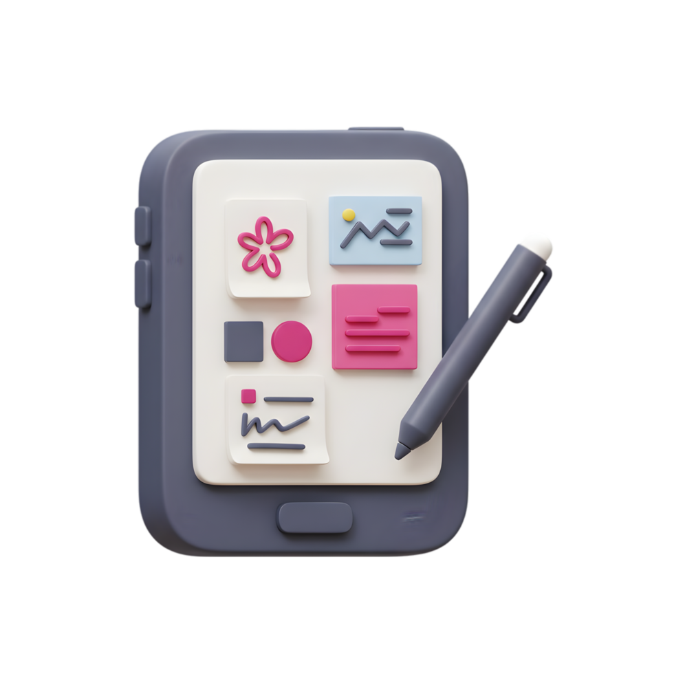 Digital Notes App Interface Design 3D Render Stylus Pen Tablet Screen Colorful Notes Sticky Notes png