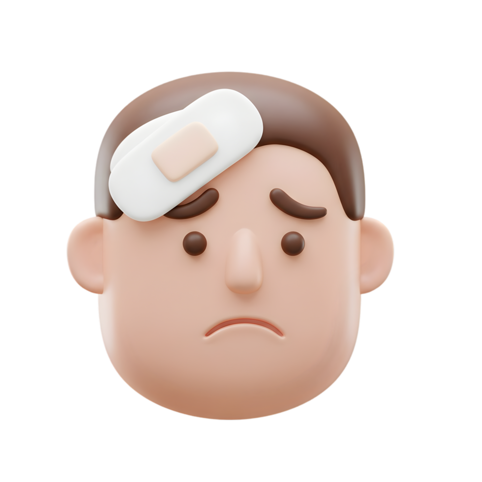3D Render of a Sad Cartoon Man with a Bandage on his Head, Illustrating Injury and Pain png