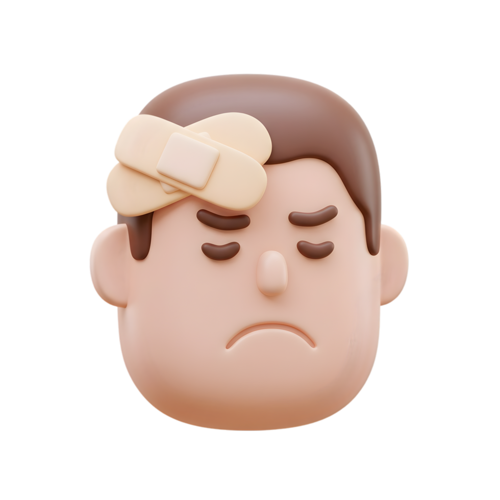 3D Render of Sad Cartoon Man with Bandage on Forehead Illustrating Injury Pain and Discomfort png