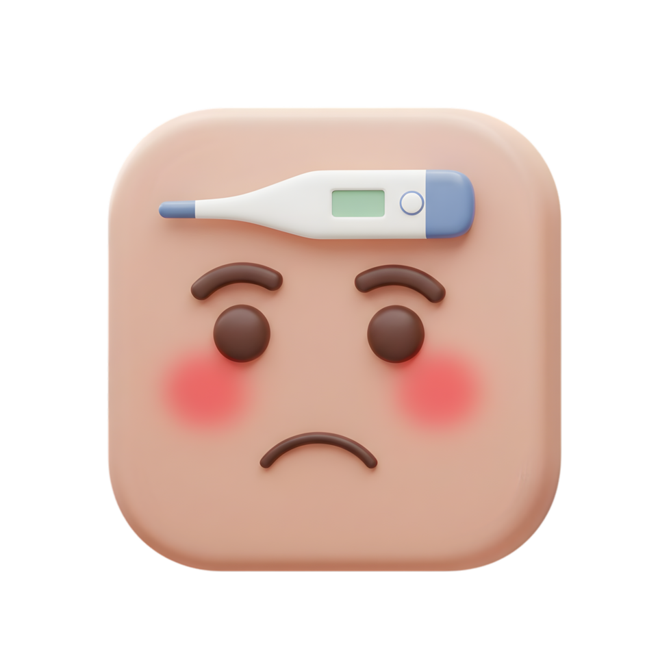 3D Render of a Sad Emoji with a Thermometer on its Forehead Illustrating Illness and Fever png