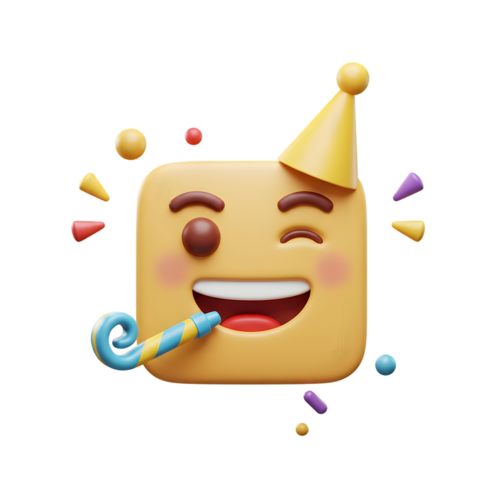 Joyful Emoji Party Celebration. 3D Render of a Smiling Face with Party Hat and Noisemaker png