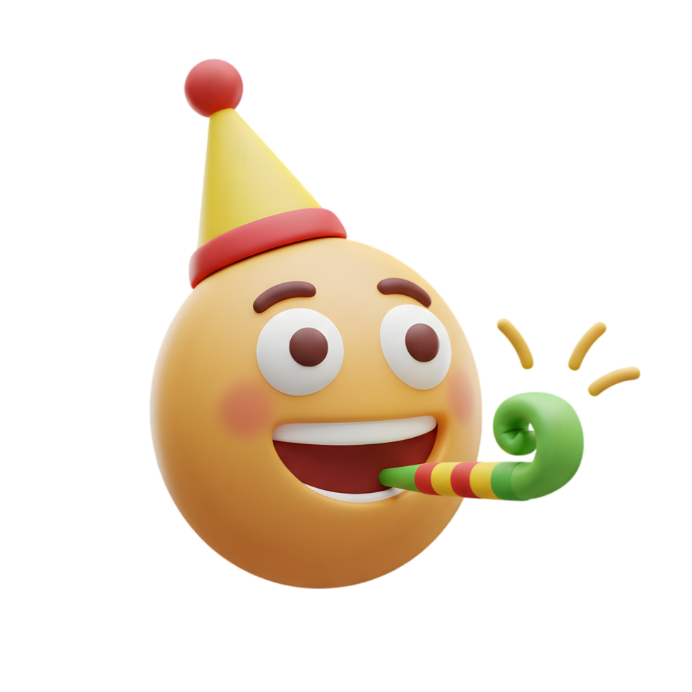 Joyful 3D Emoji Celebrates with Party Hat and Noisemaker A Festive Digital Illustration png