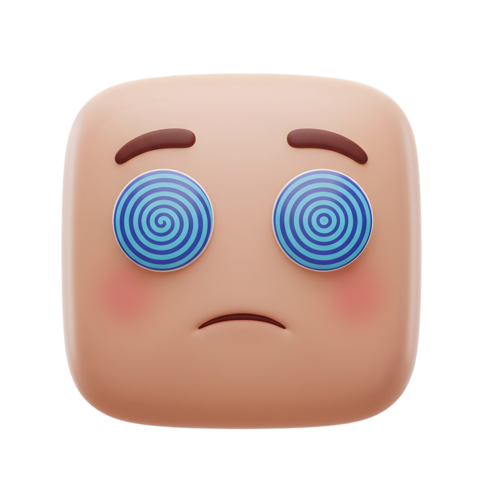 Dizzy Emoji 3D Render. A Cute Square-Shaped Character with Spinning Eyes and a Sad Expression png