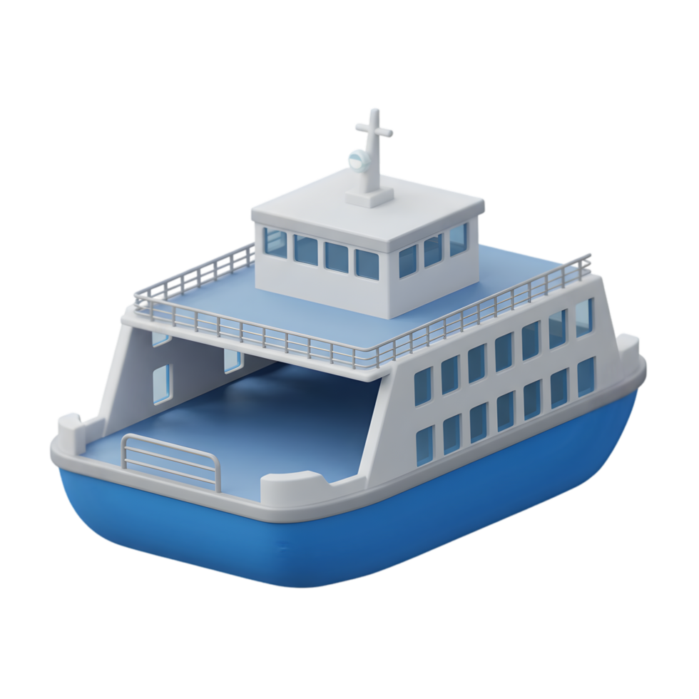 3D Render of a Blue and White Ferry Boat Model A Detailed Isometric View of a Passenger Ferry Vessel png