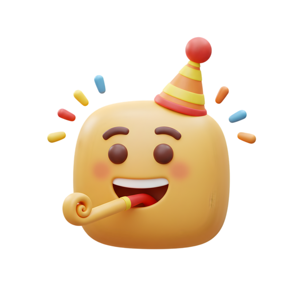 Joyful 3D Emoji Celebrating a Birthday Party with a Party Hat and Noisemaker png