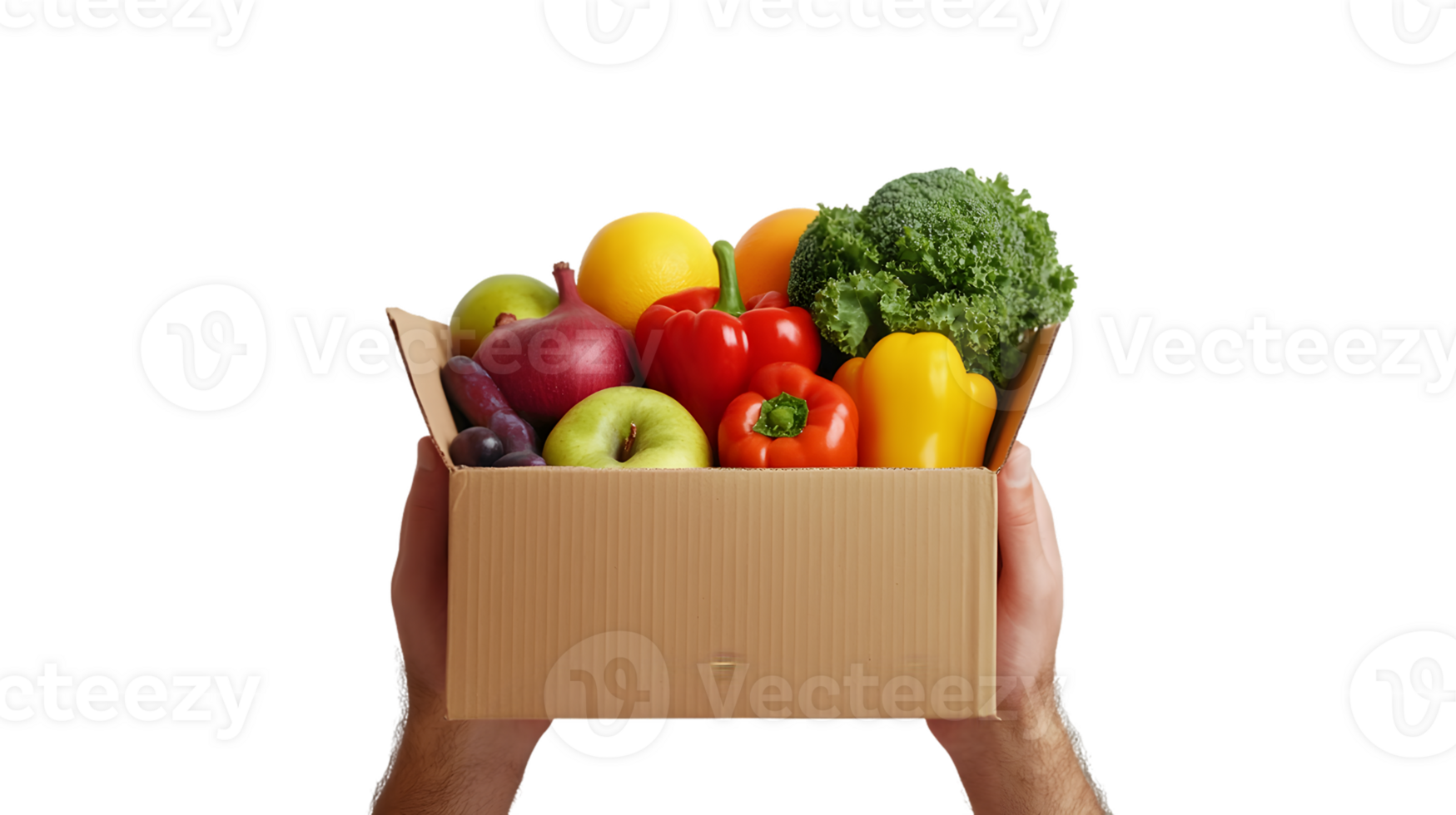 Person Holding a Box of Fresh Fruits and Vegetables png