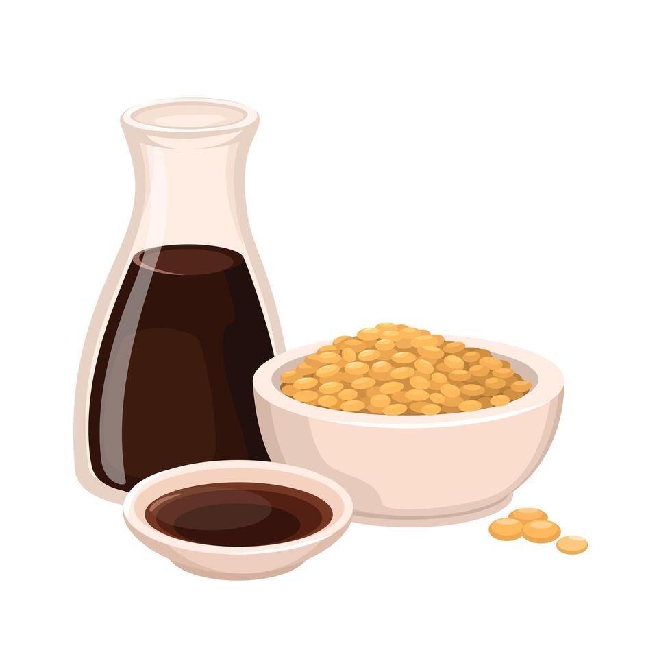 Soy Sauce with Soybean Cartoon Illustration vector