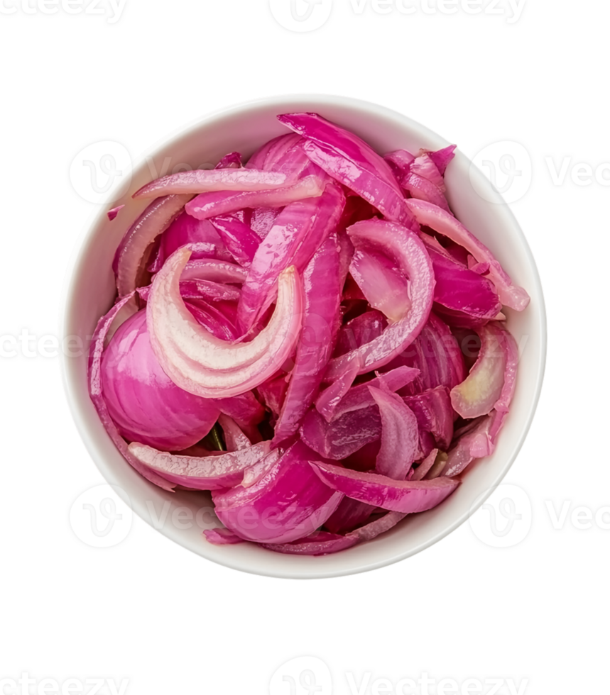Thinly Sliced Pickled Red Onions in White Bowl on Transparent Background png