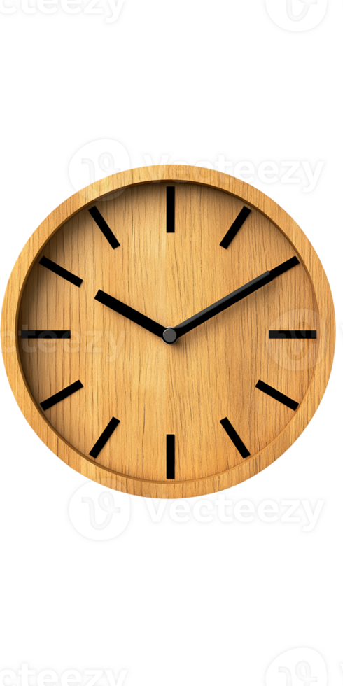 Simple Round Wooden Clock with Black Hands on Transparent Background png