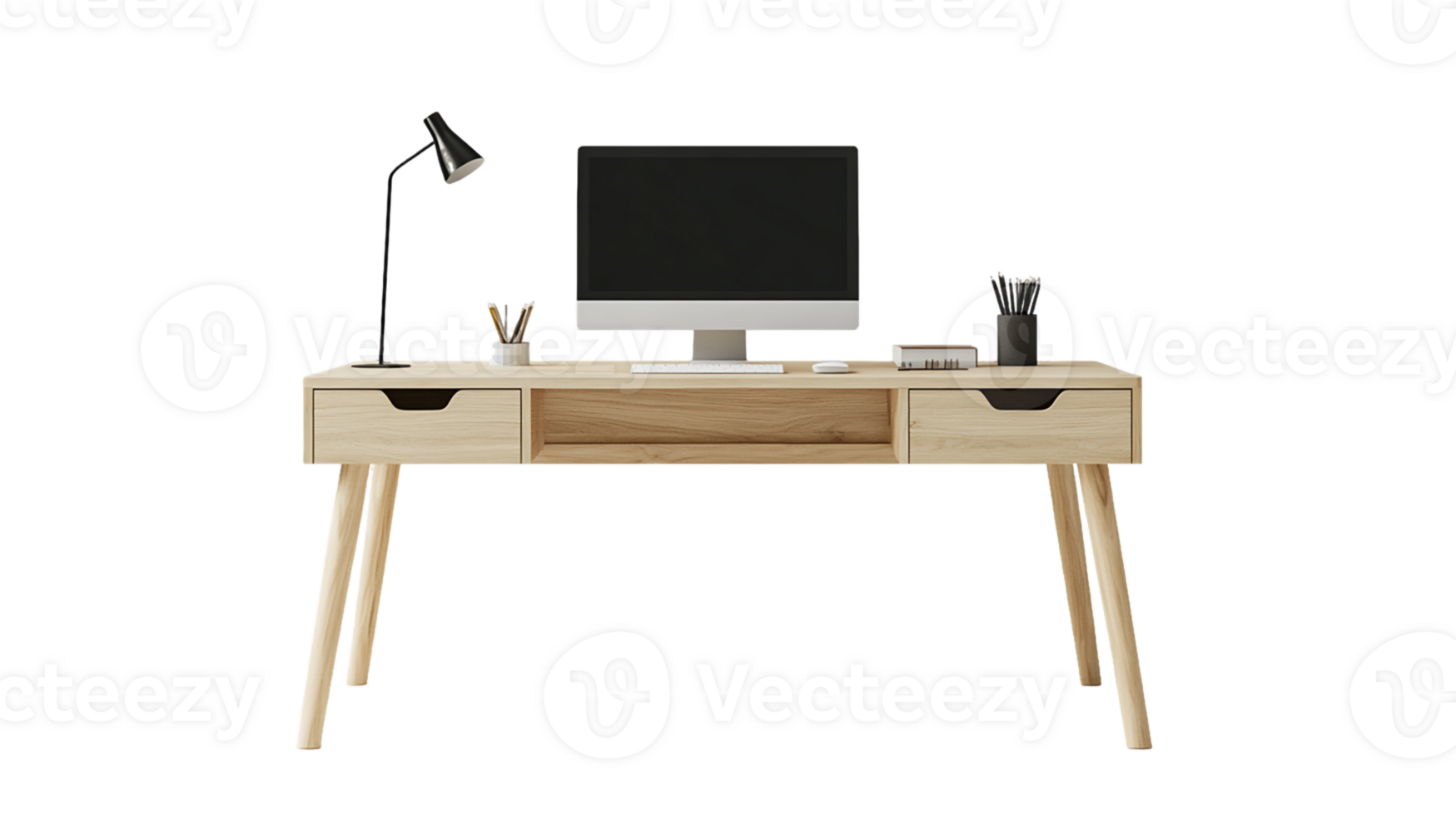Minimalist Light Wooden Desk Setup with Computer and Plants png