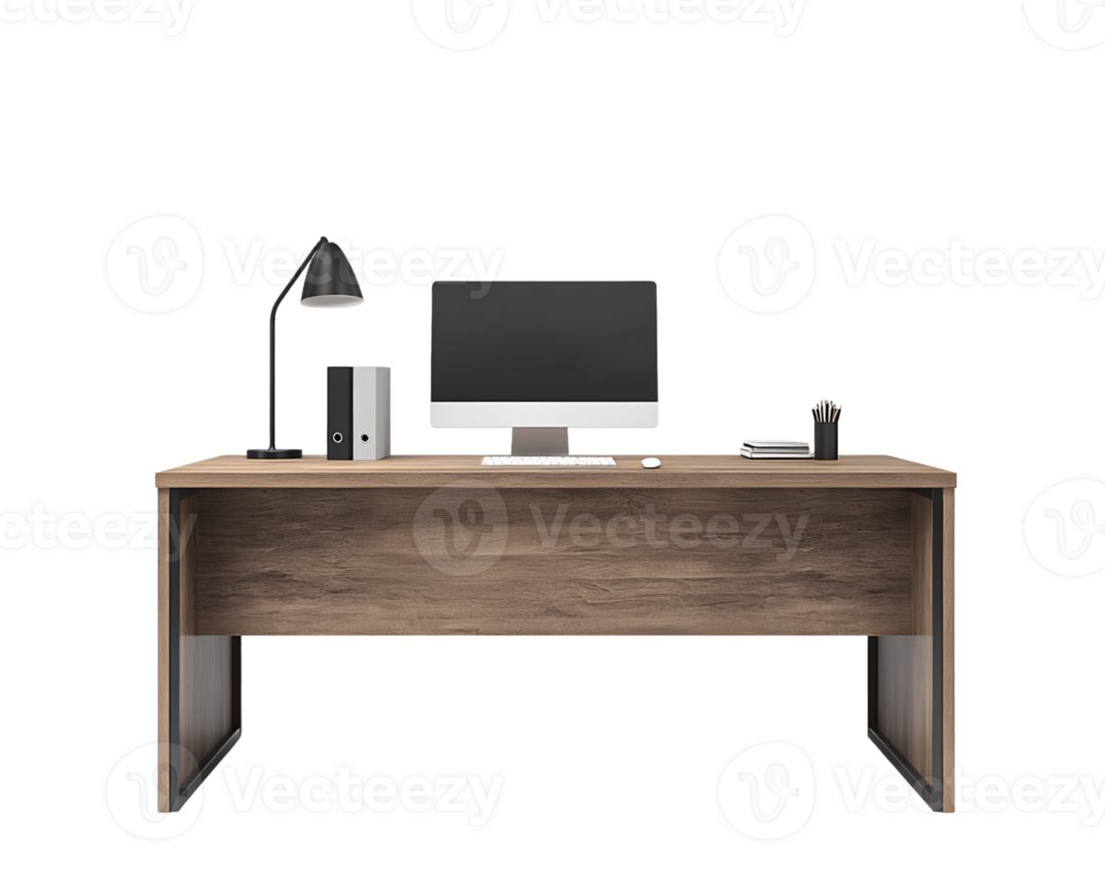 Modern Brown Wooden Desk Home Office Workspace Setup png