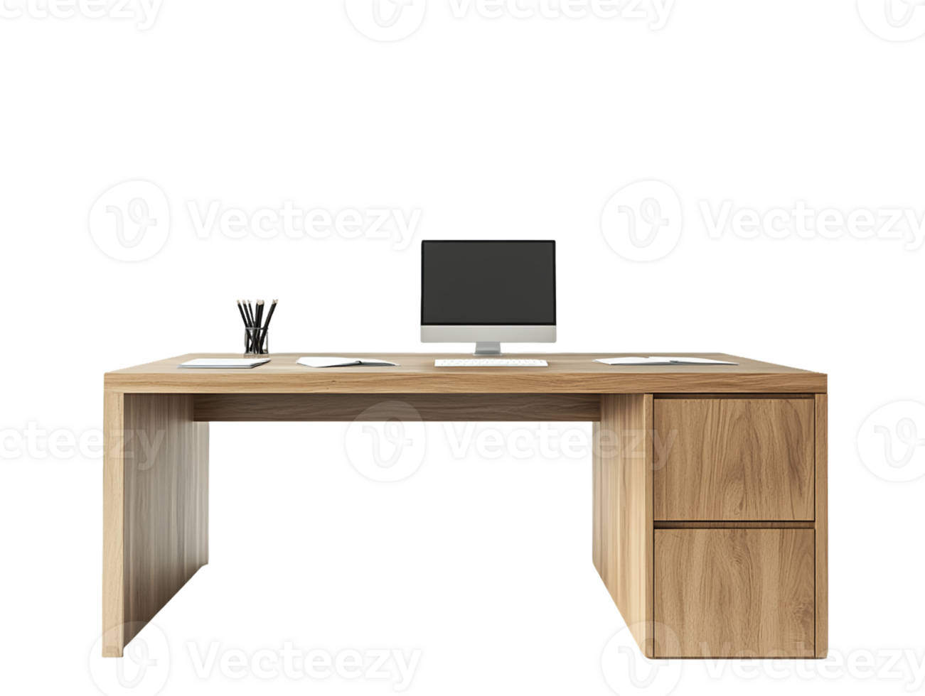 Modern Light Brown Wooden Desk With Computer and Minimalist Decor png