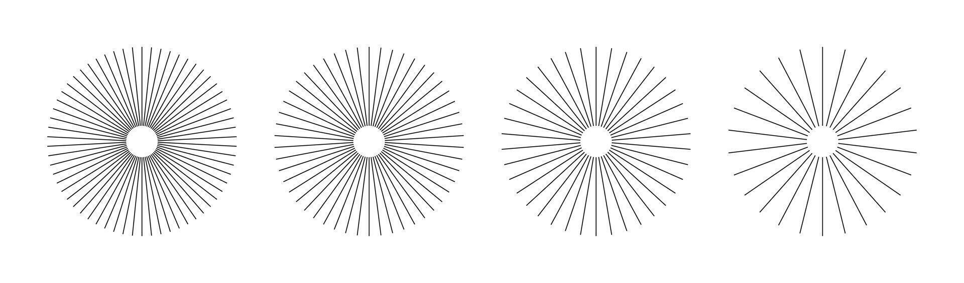 Sunburst element. Starburst radial stripes set. Ray, beam. Radial circle lines. Circular burst. Symbol of Sun star rays. Flat design icons. Spokes with radiating stripes. Abstract geometric shapes. vector