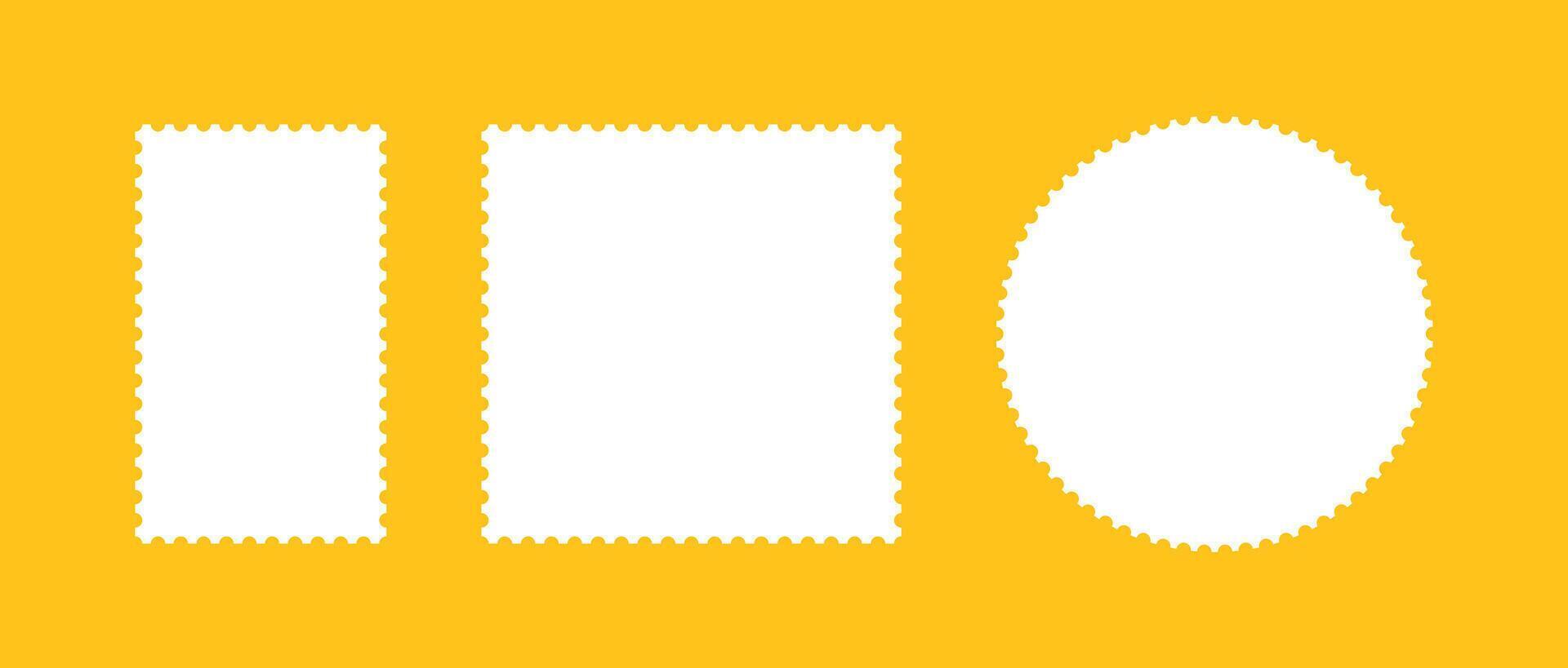 Postage stamp template frames. Empty borders, backdrops for postcards, letters mockup. Tags, labels, coupons. Blank circle, rectangular vintage stamps. Boxes with curvy, wiggly, wavy perforated edges. vector