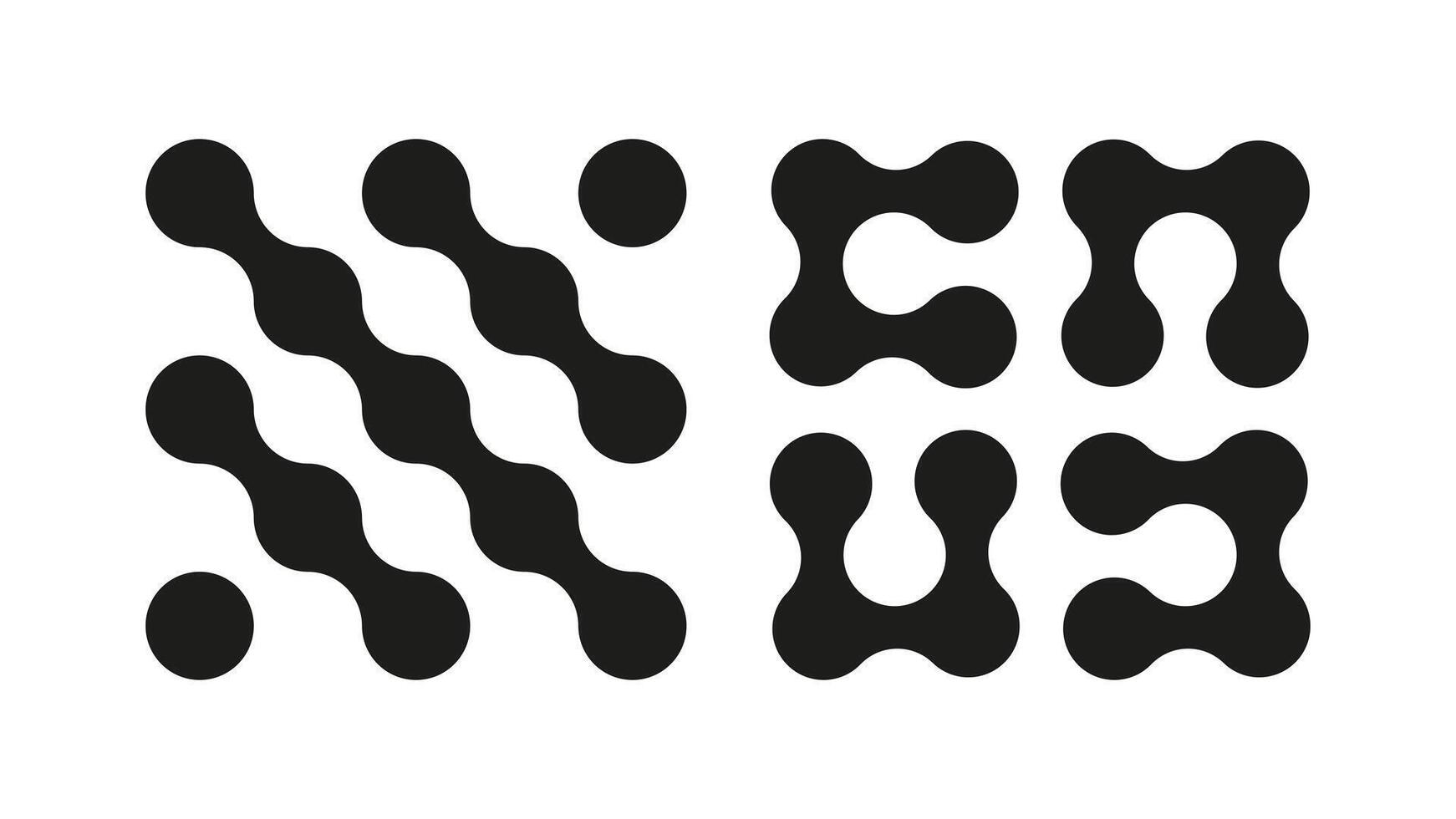 Metaball dot icons set. Trendy pattern. Connected circle shapes sign. Abstract integration symbol. Point movement. Morphing blobs. Metaballs transition. Minimalist logo, sticker. Web design mockup. vector