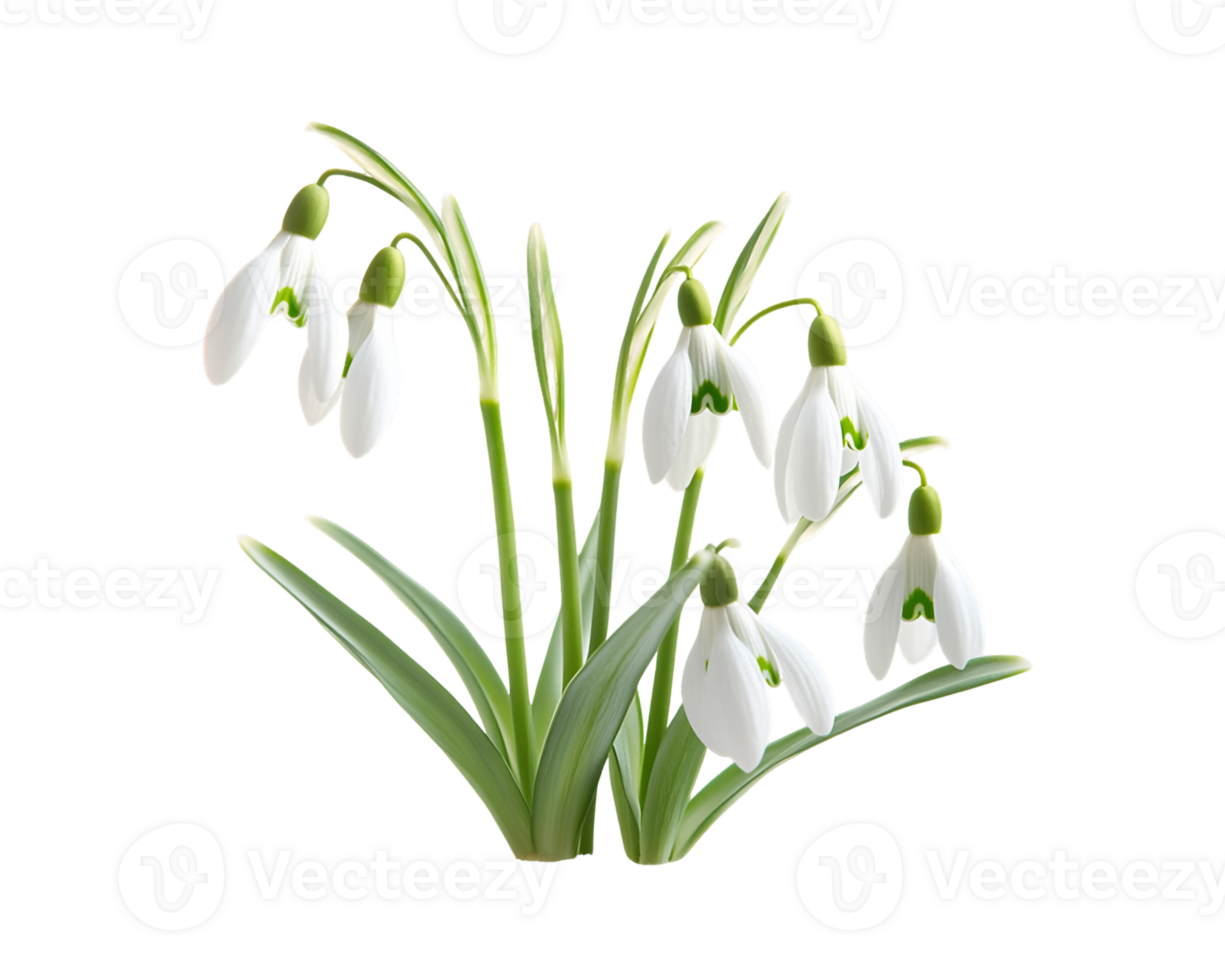 Delicate White Snowdrop Flowers with Green Leaves on Transparent Background png