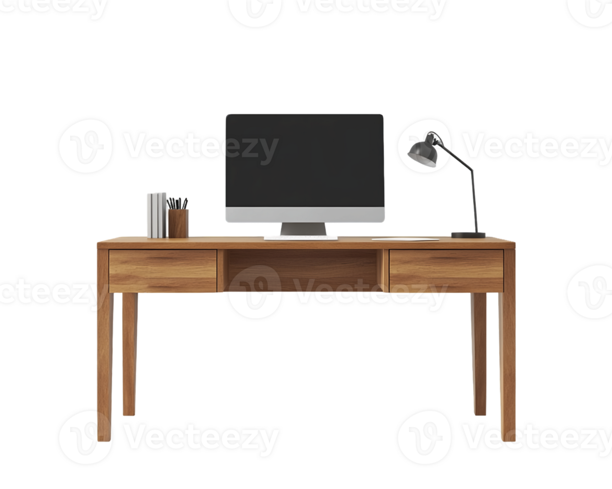Modern Wooden Desk with Computer and Lamp on Transparent Background png