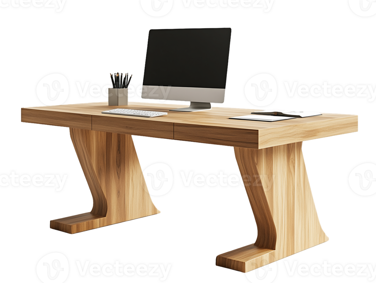 Modern Light Wooden Desk with Unique Z-Shaped Legs and Computer png