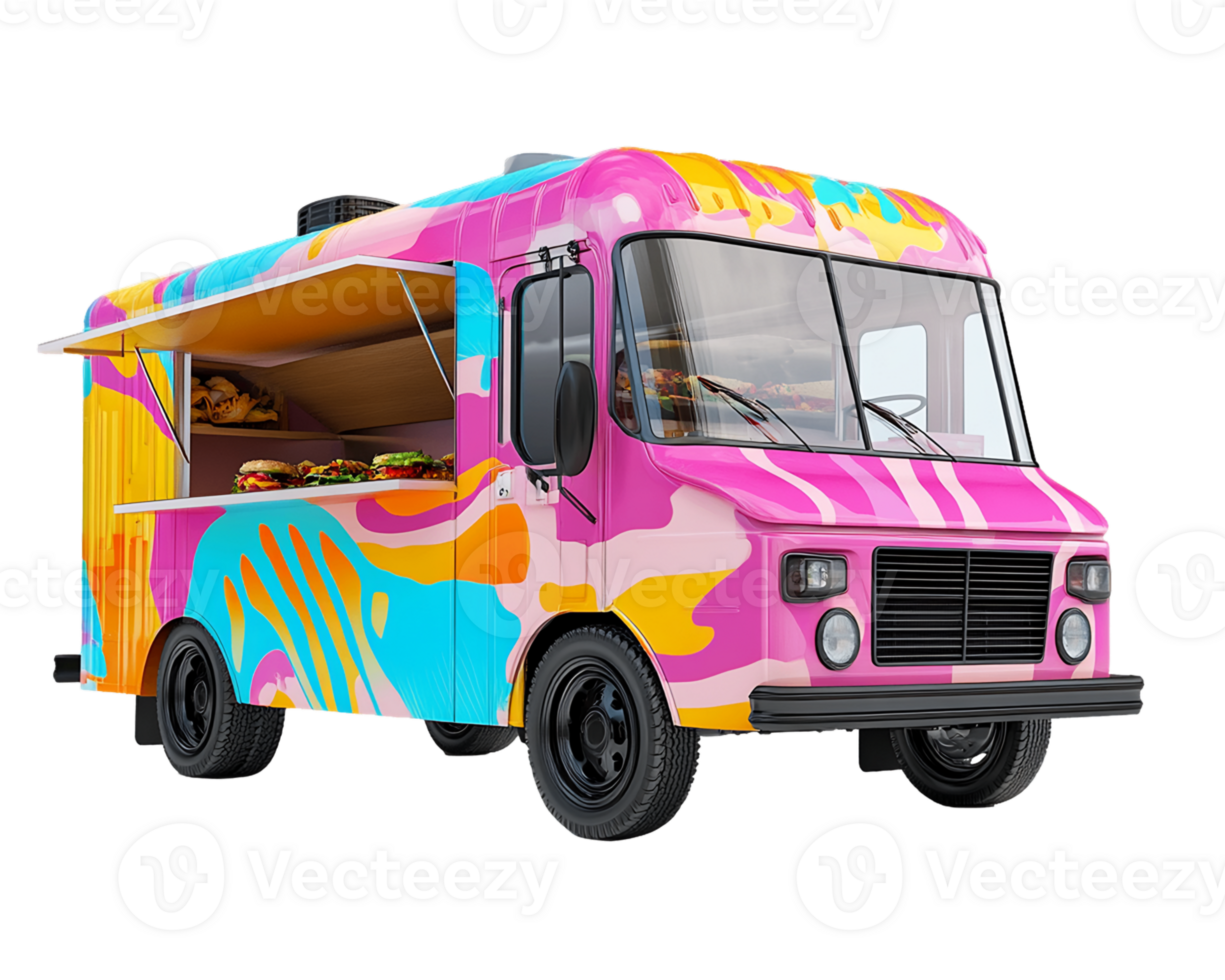 Vibrant Pink Food Truck with Abstract Design and Open Service Window png