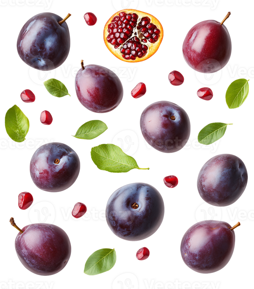 Vibrant Red Purple Plums Pomegranate Still Life on Transparent Background png