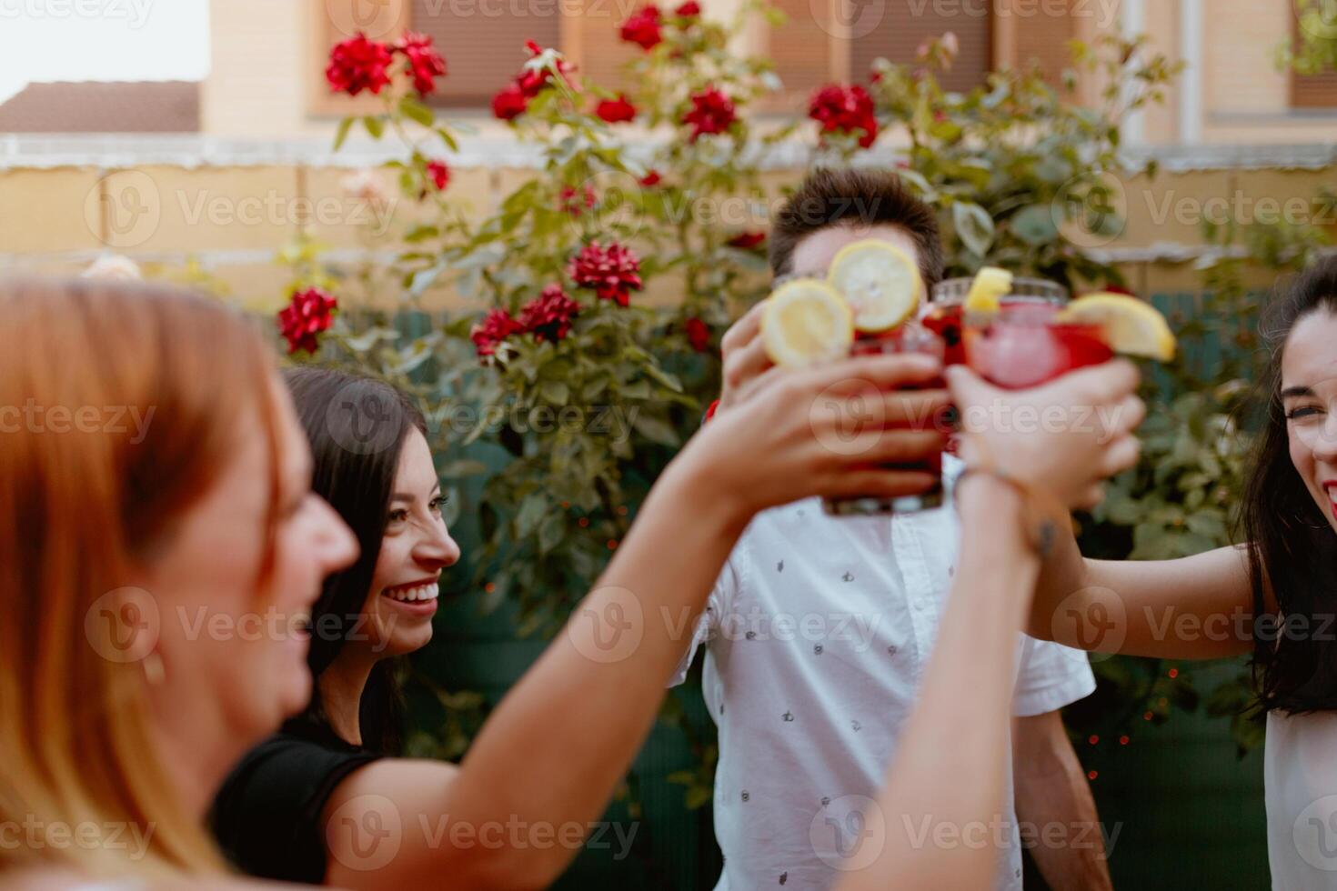 Group of cheerful friends clinking glasses at party photo