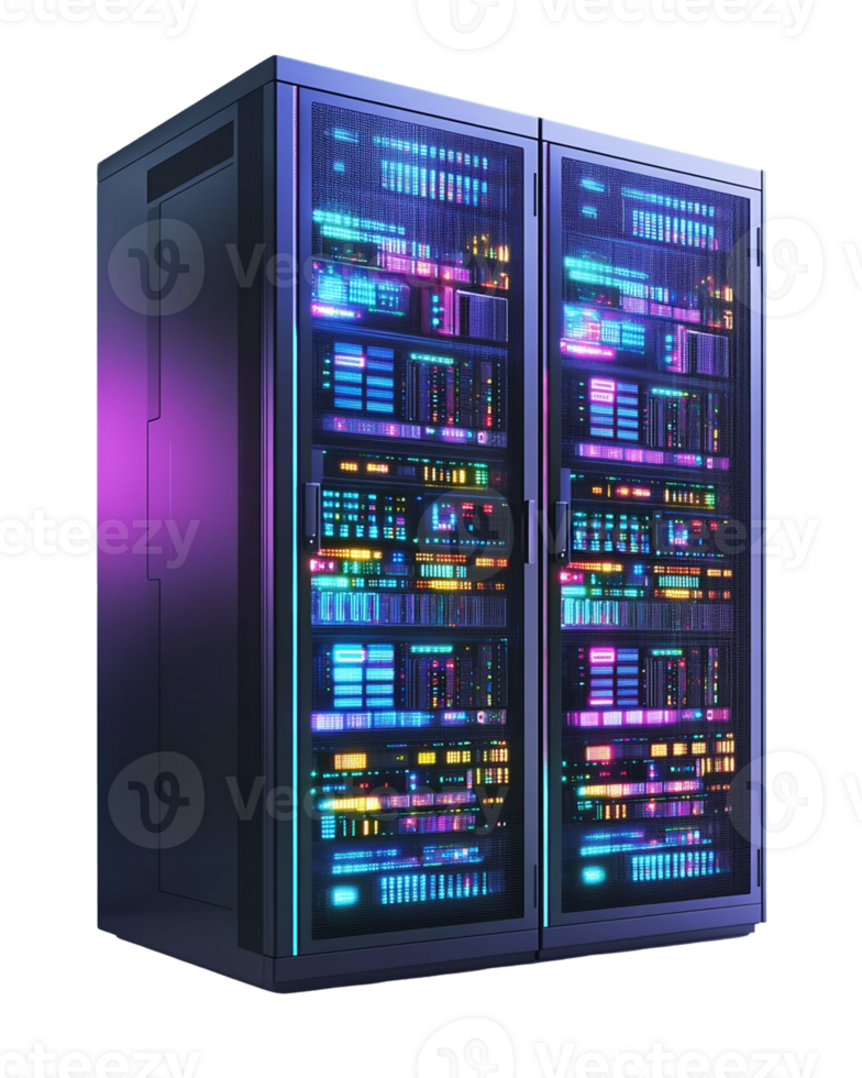 Vibrant Neon-Lit Server Rack, Transparent Background png