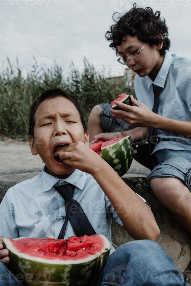 Little boys playing while eating watermelon on beach photo