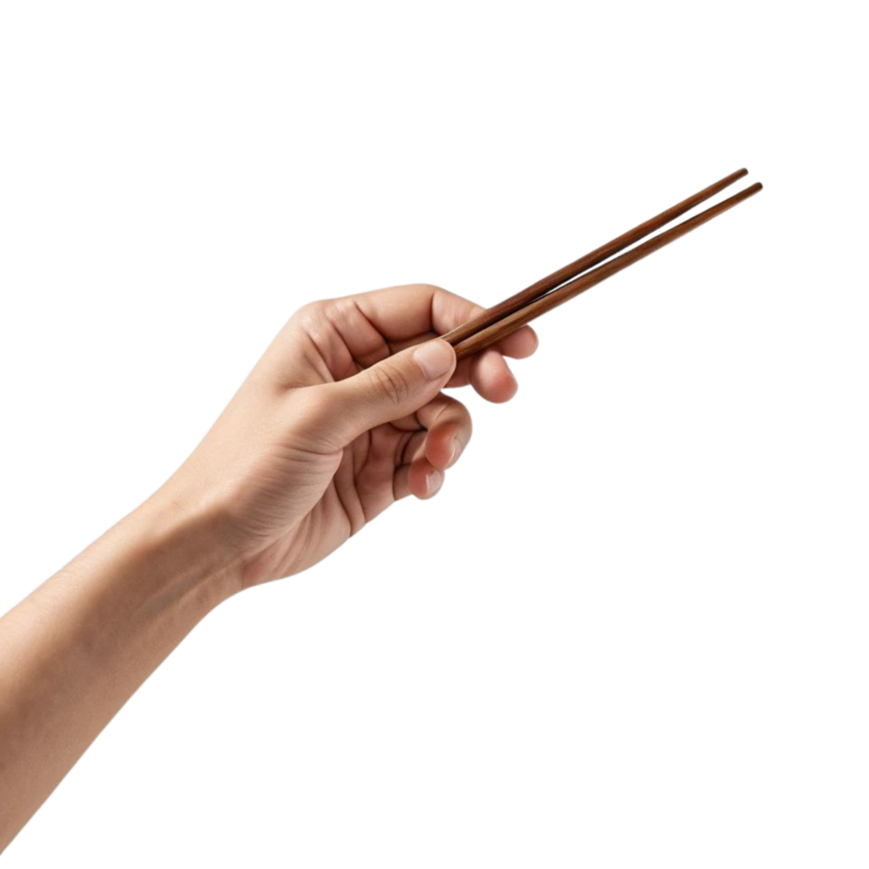 A hand adorned with subtle skin textures artfully holding a pair of brown wooden chopsticks. png