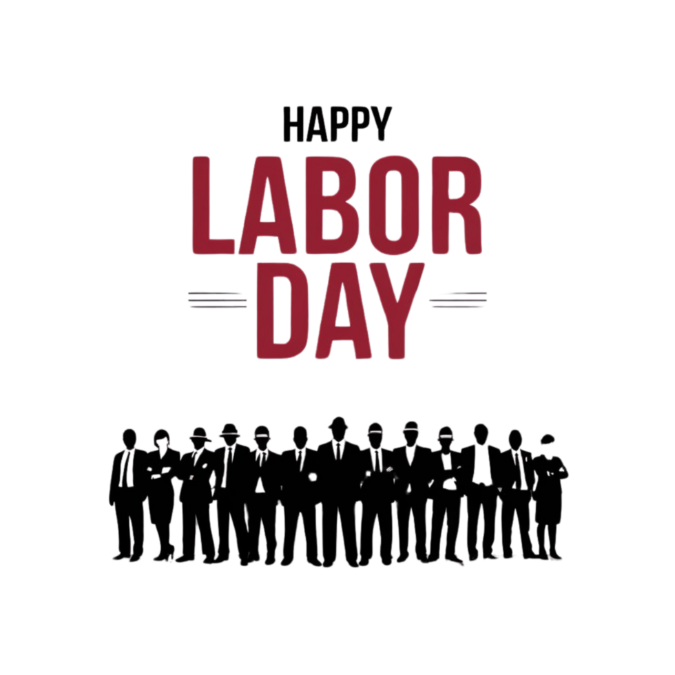 Happy Labor Day text red and black typography silhouette of diverse workers. png