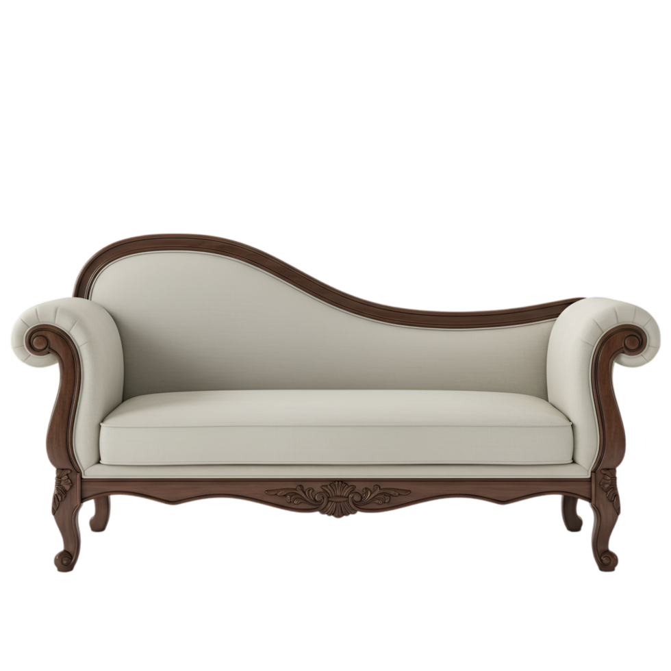 Elegant chaise lounge with cream upholstery and dark wood frame isolated png