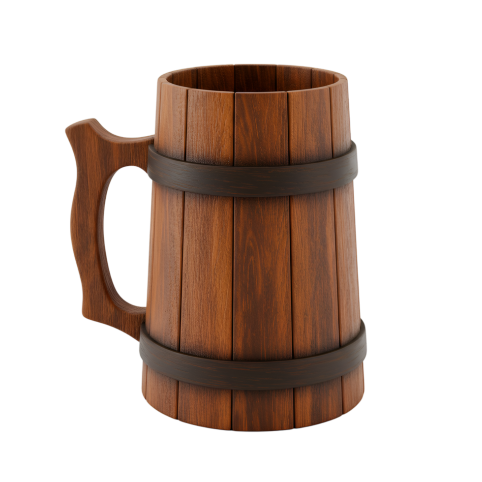 Rustic wooden beer stein isolated on black, traditional oktoberfest mug png
