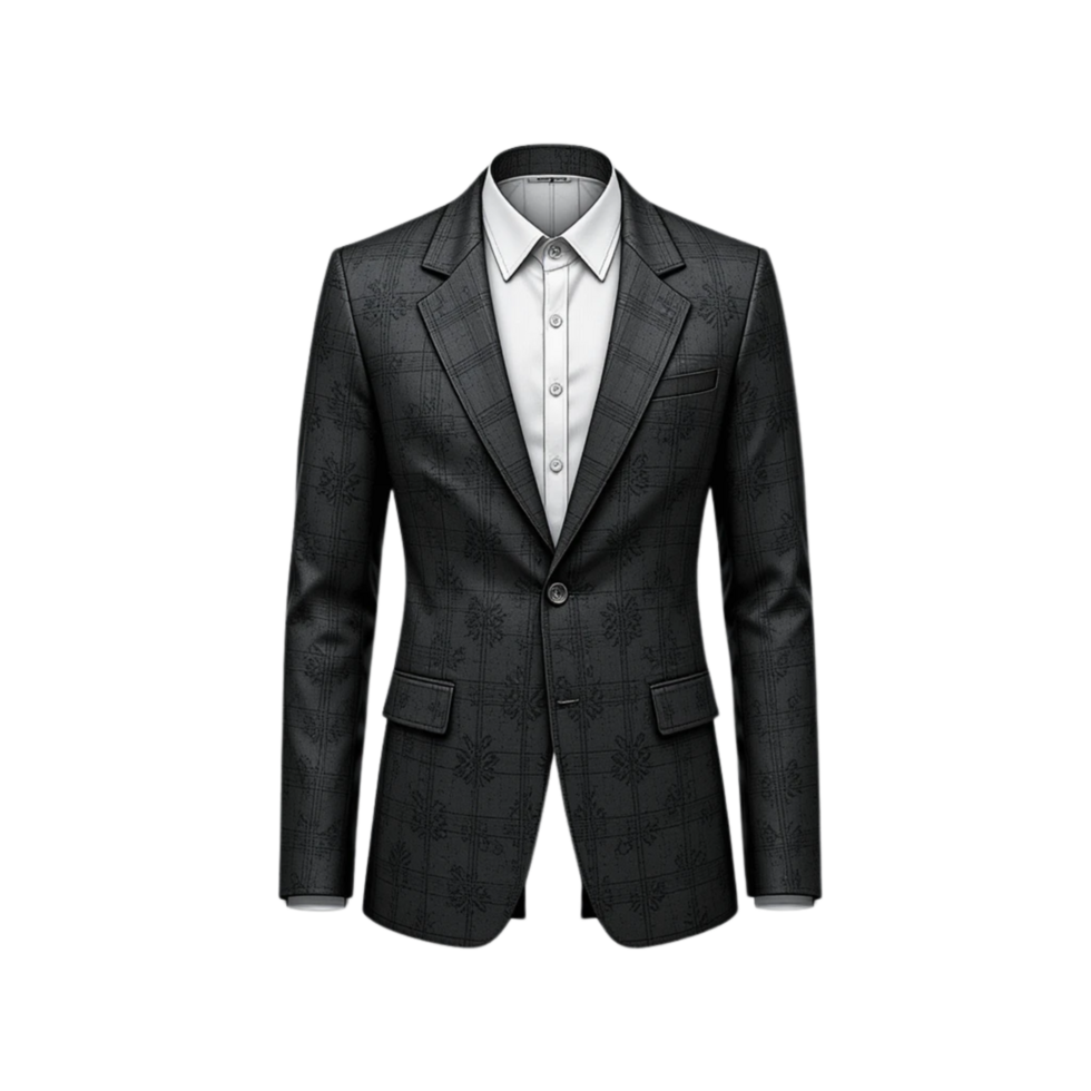 A dark gray patterned suit jacket. png