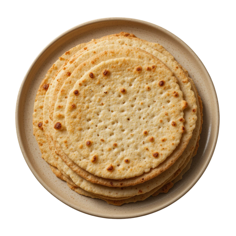 A stack of round crisp crackers on a light beige plate. png